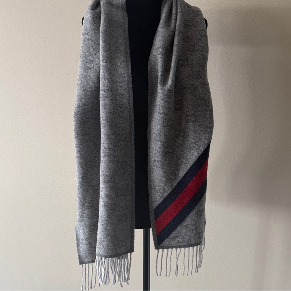 GUCCI New Nikky Fringe Wool Alpaca Zinc Blue Gray Unisex Scarf